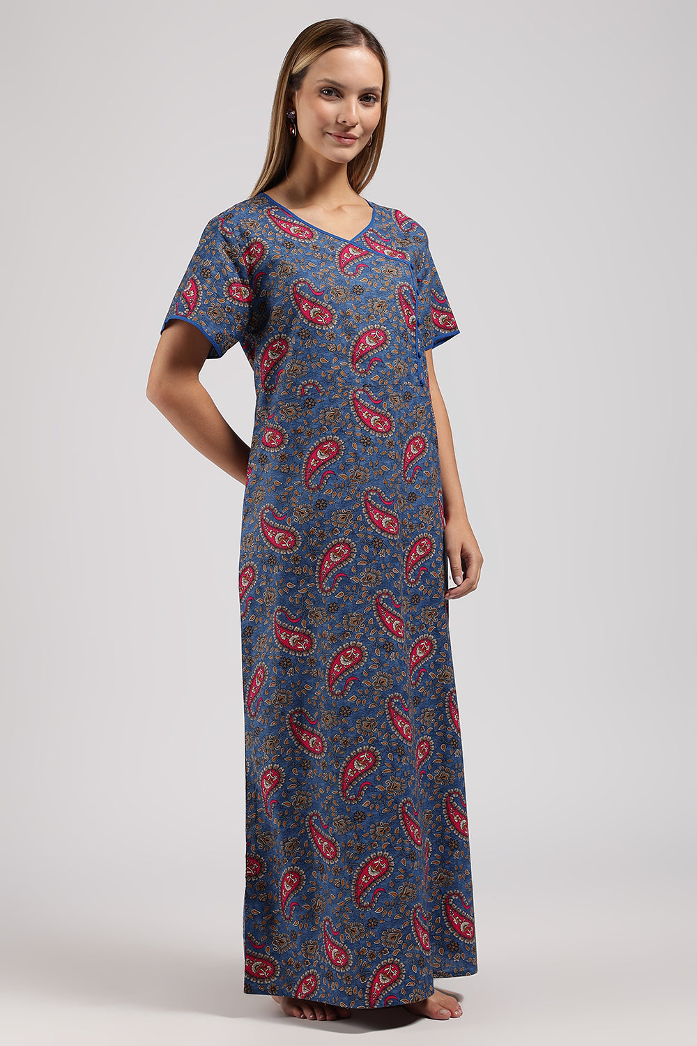 Naidu Hall Printed Cotton Nighty for Women – A-Line Relaxed Fit Sleepwear with V-Neck & Asymmetric Panel | Comfortable Daily Wear Nighty
 - N121