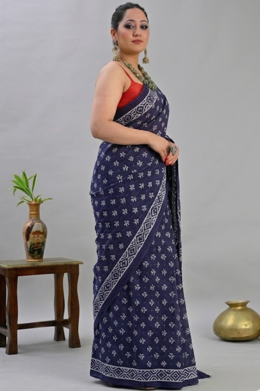 Naidu Hall Women's Blue Jaipur Print Cotton Blend Saree with Blouse | Lightweight Ethnic Wear Saree - WS06