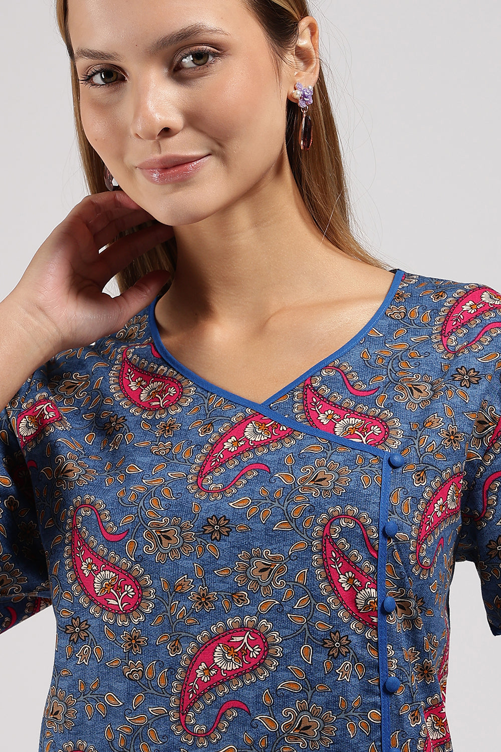 Naidu Hall Printed Cotton Nighty for Women – A-Line Relaxed Fit Sleepwear with V-Neck & Asymmetric Panel | Comfortable Daily Wear Nighty
 - N121