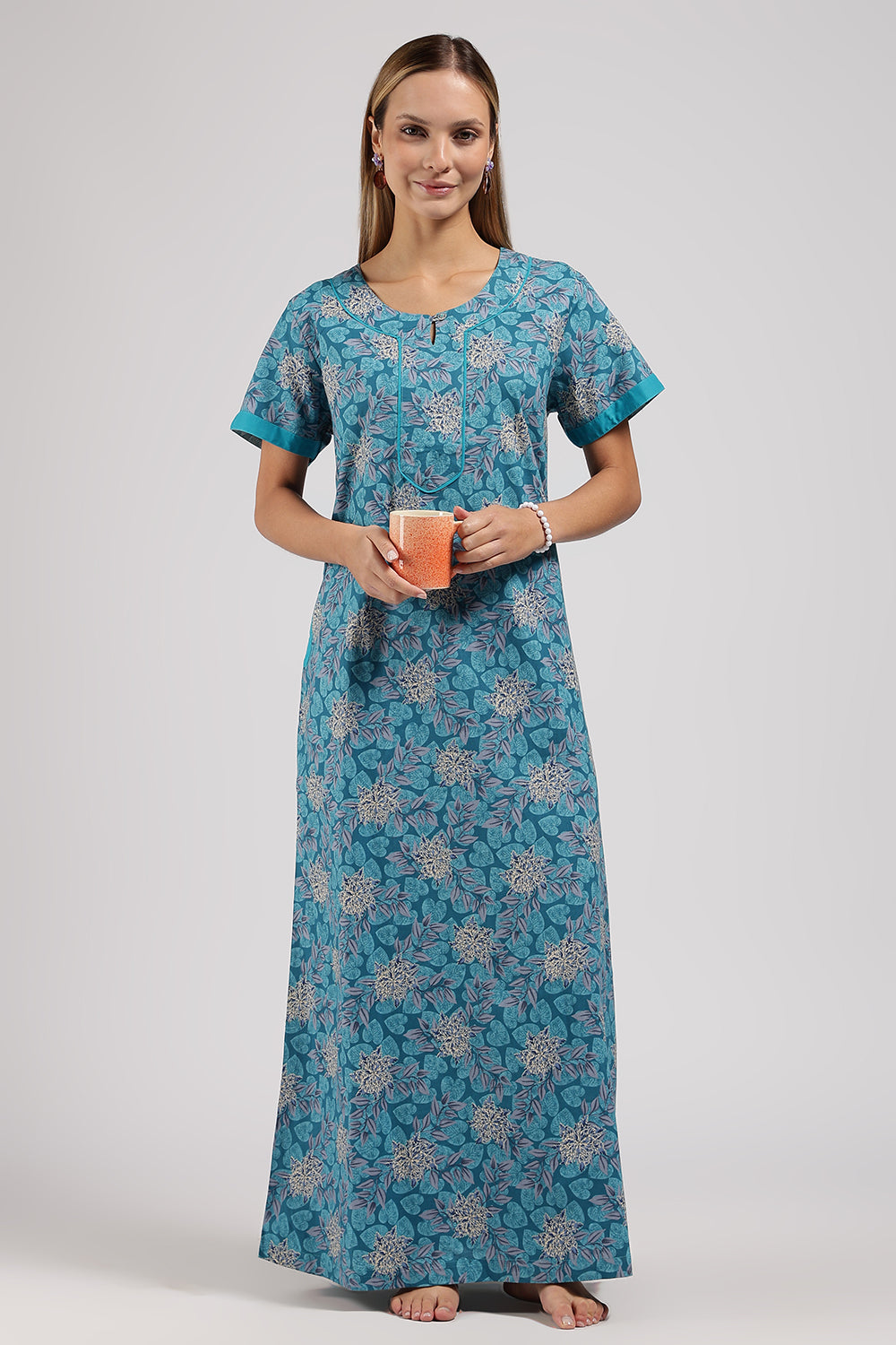 Naidu Hall Printed Cotton Nighty for Women – Full Length A-Line Sleepwear with Keyhole Neck & Contrast Piping | Comfortable Daily Wear Nighty
 - N135