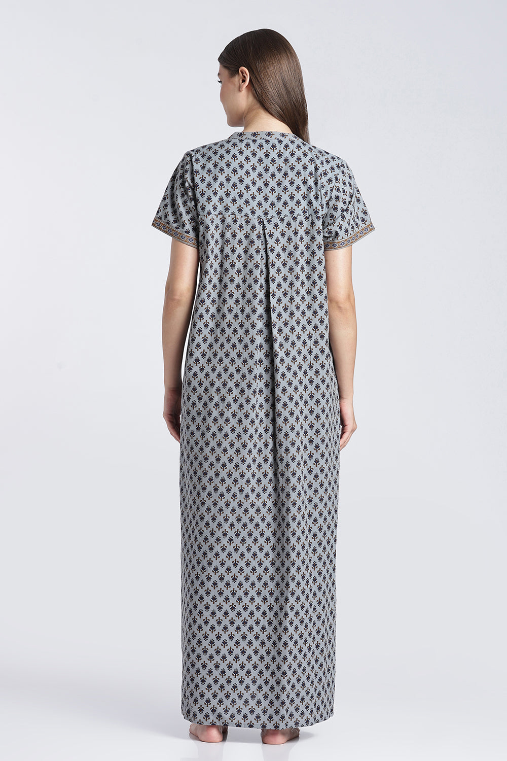 Naidu Hall Women’s Printed Cotton Nighty | Floral Block Print V-Neck Night Dress with Short Sleeves | Relaxed Fit Daily Wear & Sleepwear
 - NB50