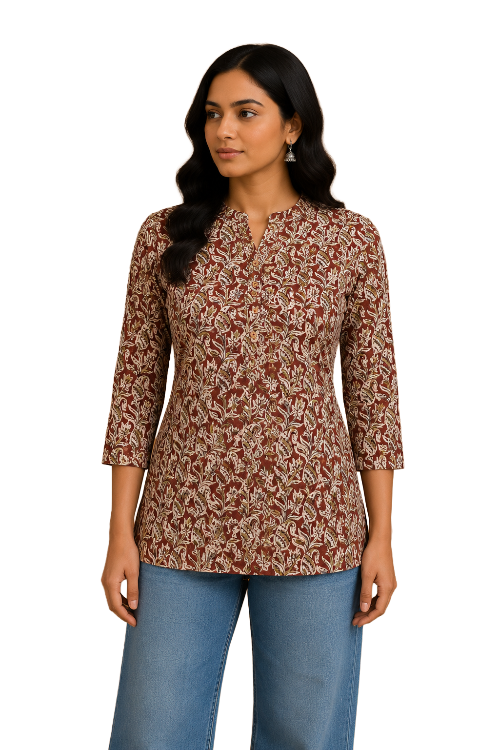 Women's Cotton Blend Printed Mandarin Collar Top | 3/4 Sleeve Casual Top for Women | Regular Fit Everyday Office & Casual Wear - JS25