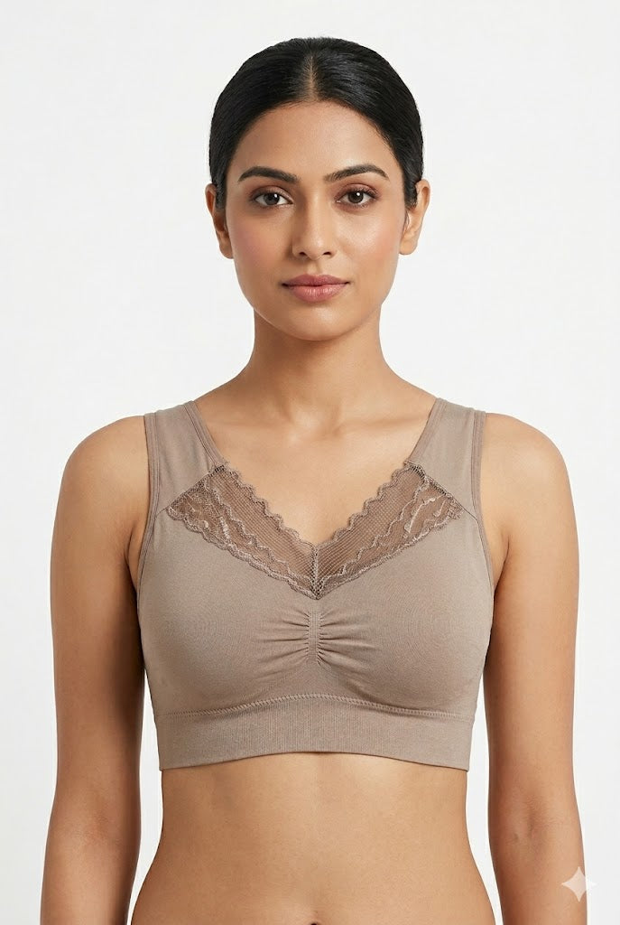 Seamless Lace Neck Bra for Women – Full Coverage Modal Padded Bra with Removable Pads | Wire-Free Pull-On Comfort Bra - 5812