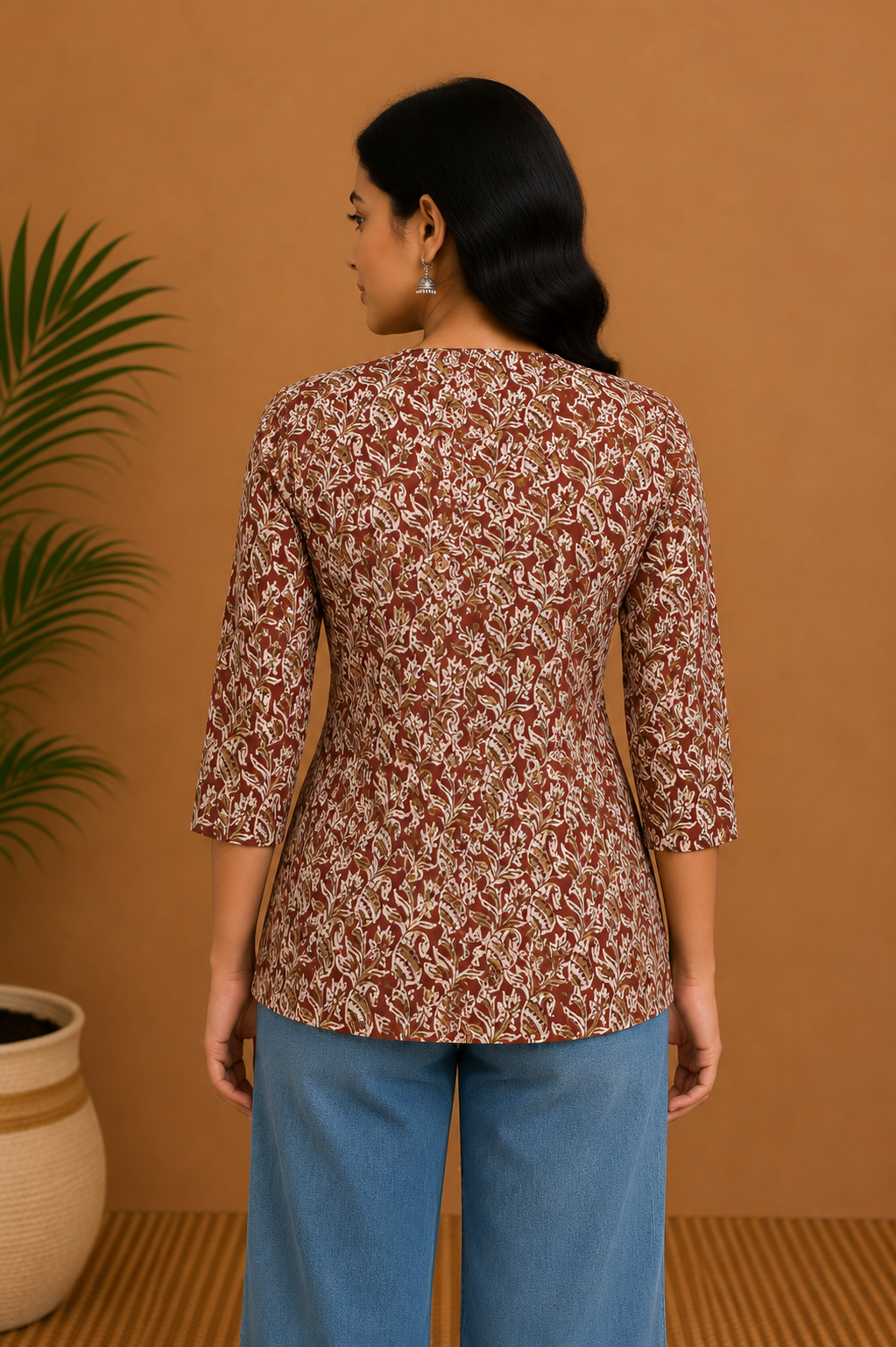 Women's Cotton Blend Printed Mandarin Collar Top | 3/4 Sleeve Casual Top for Women | Regular Fit Everyday Office & Casual Wear - JS25