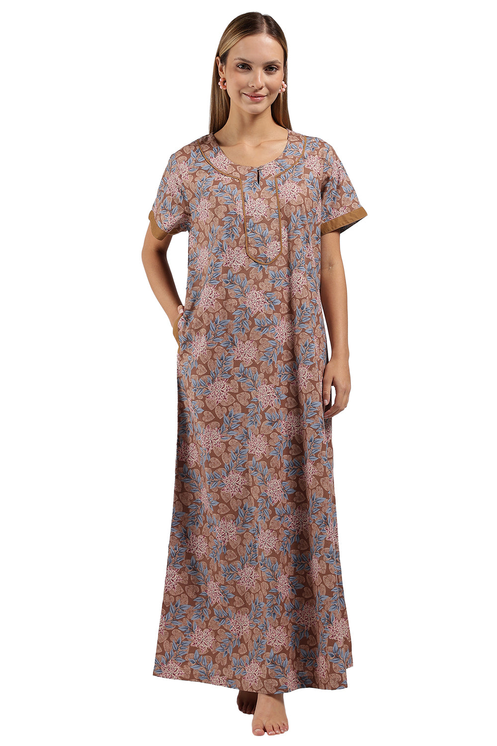 Naidu Hall Printed Cotton Nighty for Women – Full Length A-Line Sleepwear with Keyhole Neck & Contrast Piping | Comfortable Daily Wear Nighty
 - N135