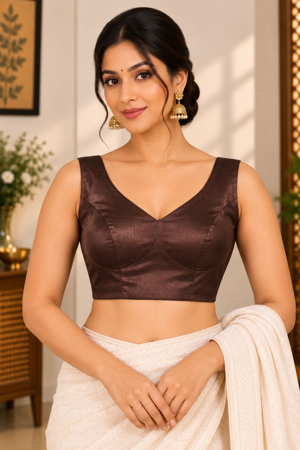 Women's Solid Silk Blend Saree Blouse with V Neck Neckline and attachable Elbow Sleeve - Regular | Ready-to-Wear Saree Blouse for Daily Wear, Festive Wear, Office Wear, Special Occasions - L640