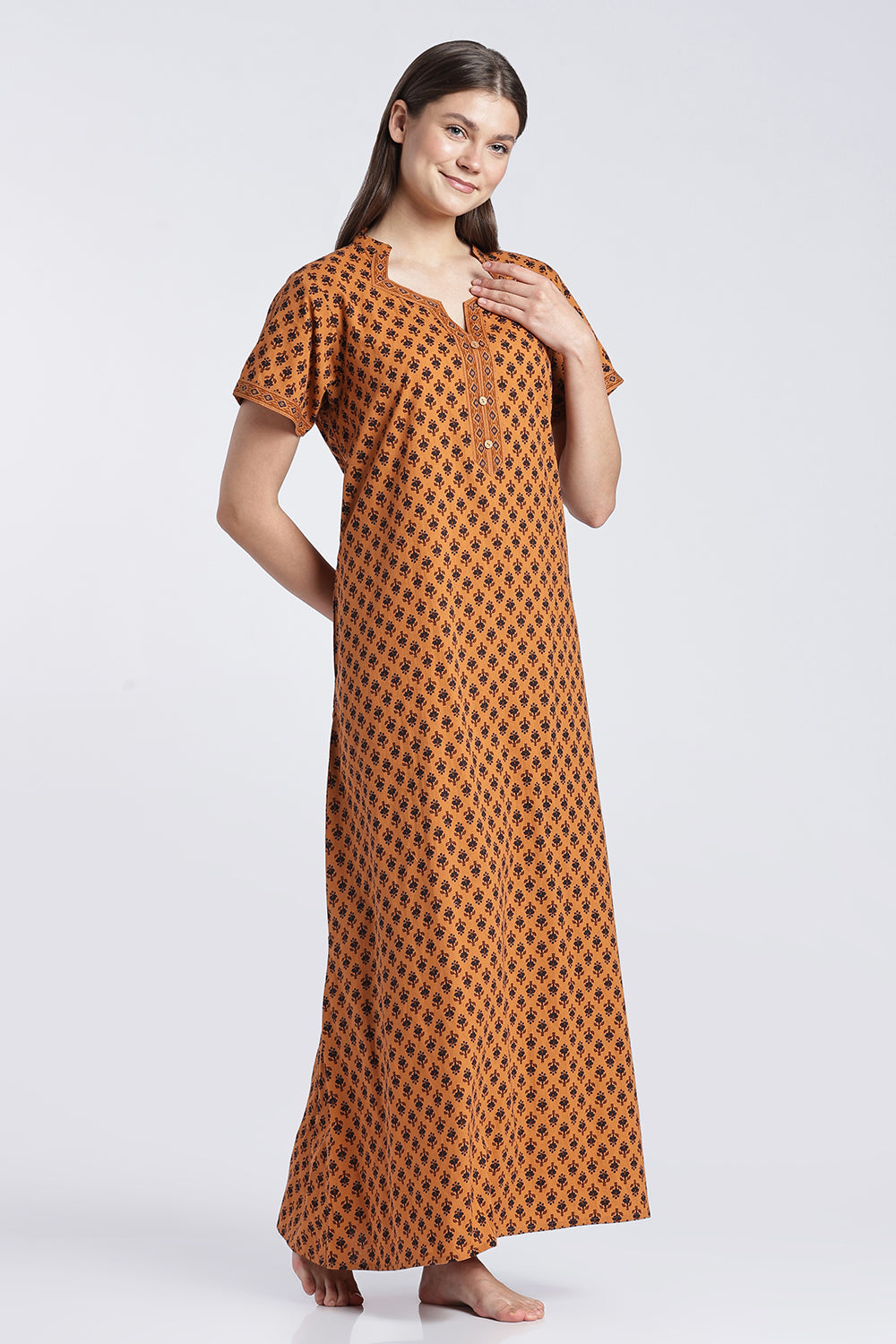 Naidu Hall Women’s Printed Cotton Nighty | Floral Block Print V-Neck Night Dress with Short Sleeves | Relaxed Fit Daily Wear & Sleepwear
 - NB50