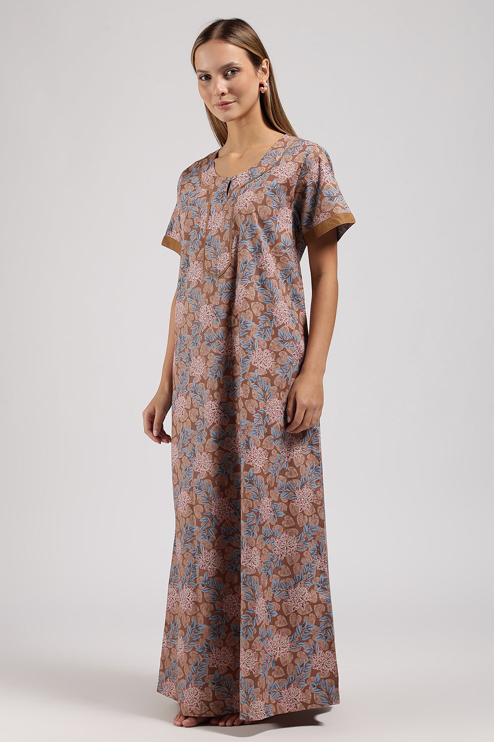 Naidu Hall Printed Cotton Nighty for Women – Full Length A-Line Sleepwear with Keyhole Neck & Contrast Piping | Comfortable Daily Wear Nighty
 - N135