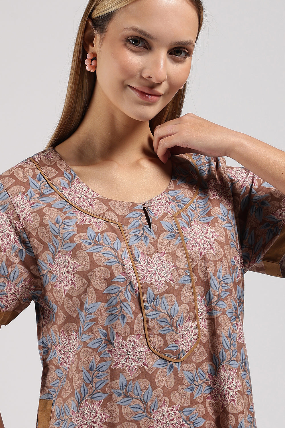 Naidu Hall Printed Cotton Nighty for Women – Full Length A-Line Sleepwear with Keyhole Neck & Contrast Piping | Comfortable Daily Wear Nighty
 - N135
