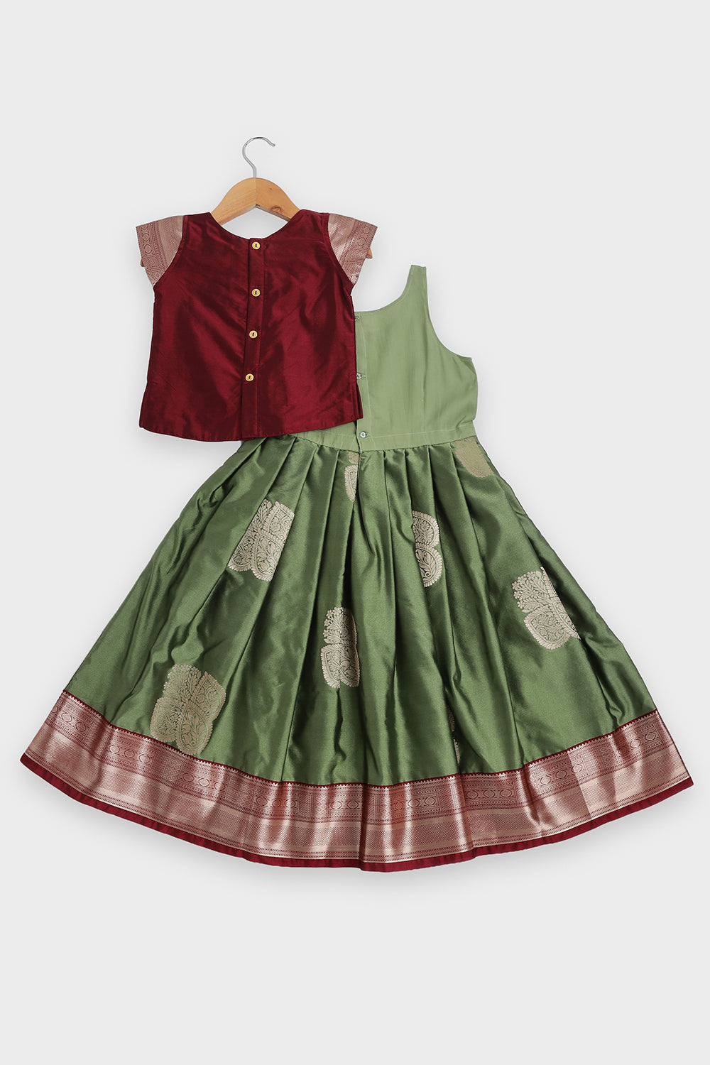 CHITTYTHALLI Girls Art Silk Pavadai Set – Sweetheart Neck Traditional Pattu Pavadai Dress with Knife Pleated Skirt | Festive Ethnic Wear for Girls - PS007