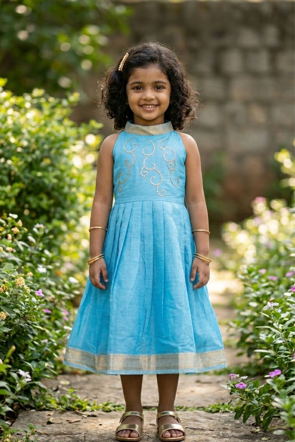 CHITTYTHALLI Girls Mangalgiri Cotton Ethnic Frock – Halter Neck Hand Embroidered Toddler Dress | Knife Pleated Skirt | Traditional Party Wear Dress for Girls - FR51