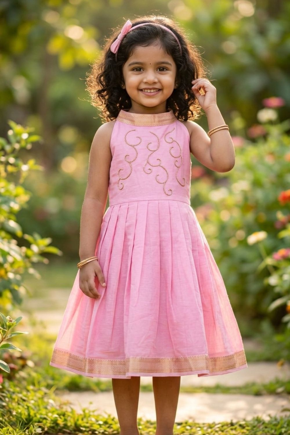 CHITTYTHALLI Girls Mangalgiri Cotton Ethnic Frock – Halter Neck Hand Embroidered Toddler Dress | Knife Pleated Skirt | Traditional Party Wear Dress for Girls - FR51