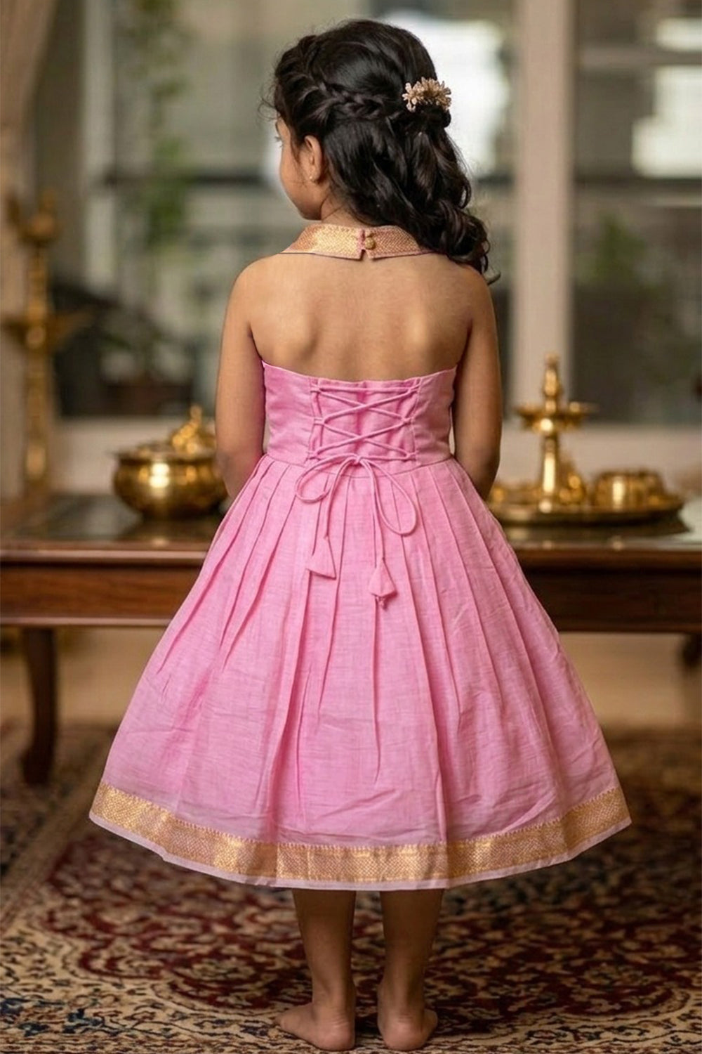 CHITTYTHALLI Girls Mangalgiri Cotton Ethnic Frock – Halter Neck Hand Embroidered Toddler Dress | Knife Pleated Skirt | Traditional Party Wear Dress for Girls - FR51