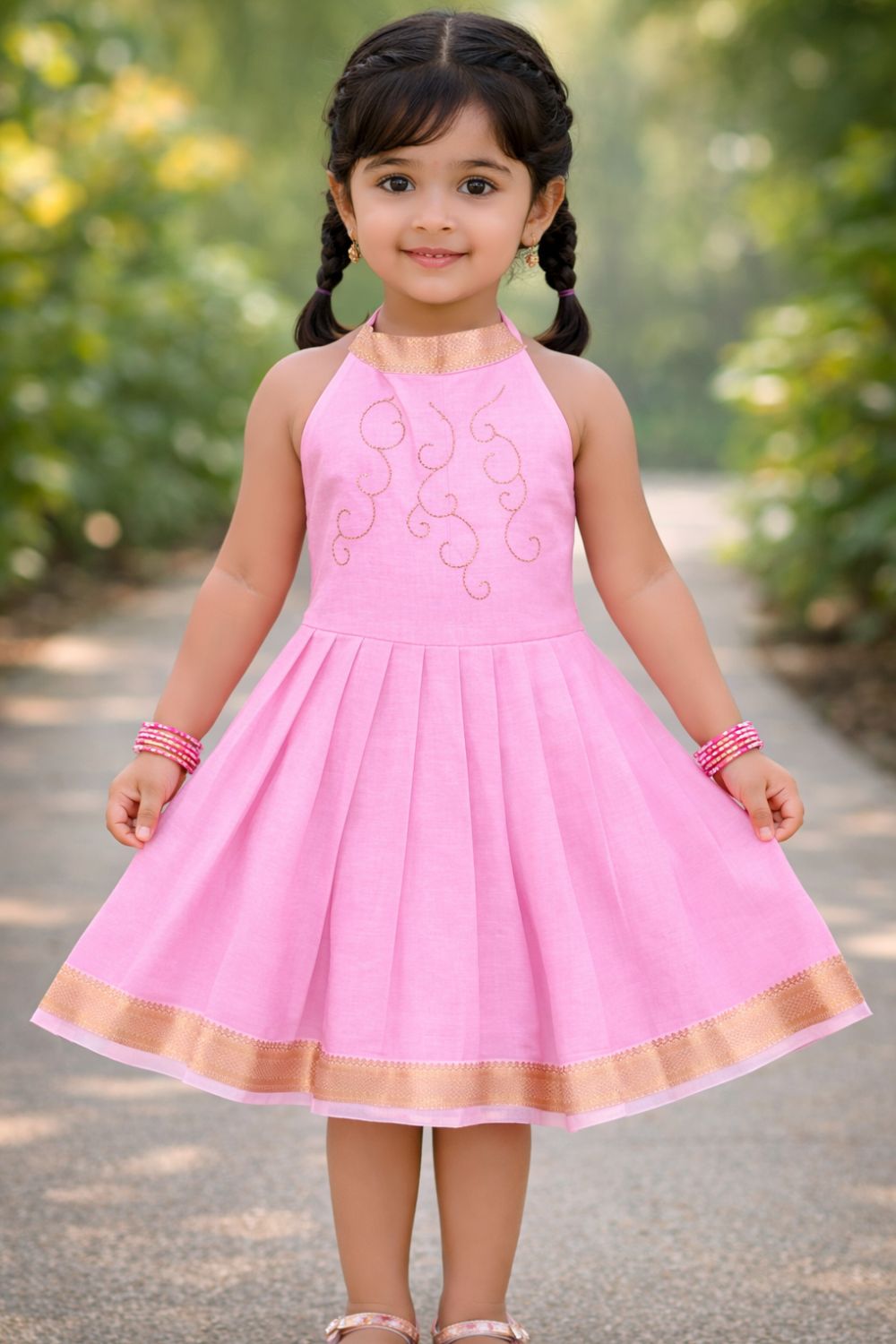 CHITTYTHALLI Girls Mangalgiri Cotton Ethnic Frock – Halter Neck Hand Embroidered Toddler Dress | Knife Pleated Skirt | Traditional Party Wear Dress for Girls - FR51