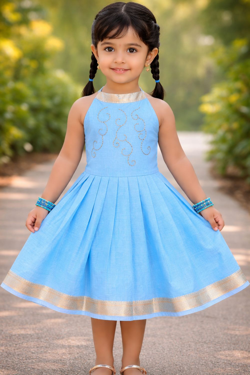 CHITTYTHALLI Girls Mangalgiri Cotton Ethnic Frock – Halter Neck Hand Embroidered Toddler Dress | Knife Pleated Skirt | Traditional Party Wear Dress for Girls - FR51