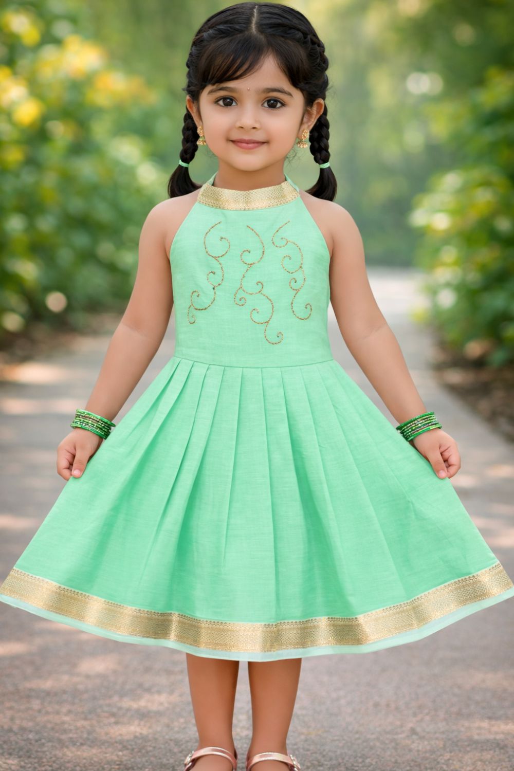 CHITTYTHALLI Girls Mangalgiri Cotton Ethnic Frock – Halter Neck Hand Embroidered Toddler Dress | Knife Pleated Skirt | Traditional Party Wear Dress for Girls - FR51