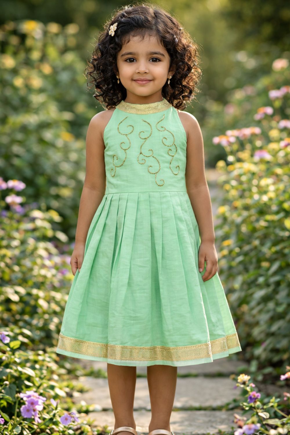 CHITTYTHALLI Girls Mangalgiri Cotton Ethnic Frock – Halter Neck Hand Embroidered Toddler Dress | Knife Pleated Skirt | Traditional Party Wear Dress for Girls - FR51