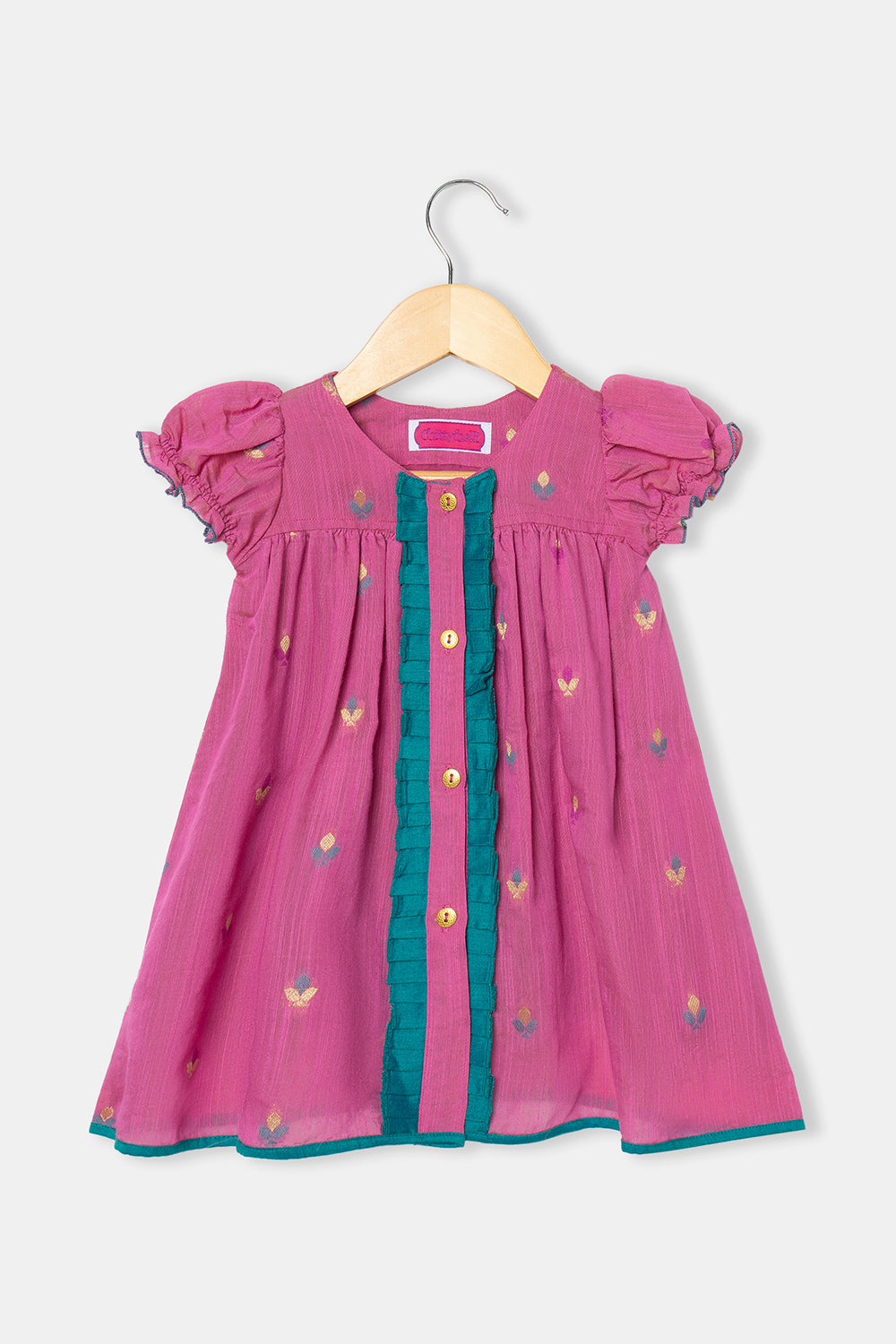 Chittythalli Girls Knee-Length Frock with Puff Sleeves and Pleated Front Detailing - Pink - FR32