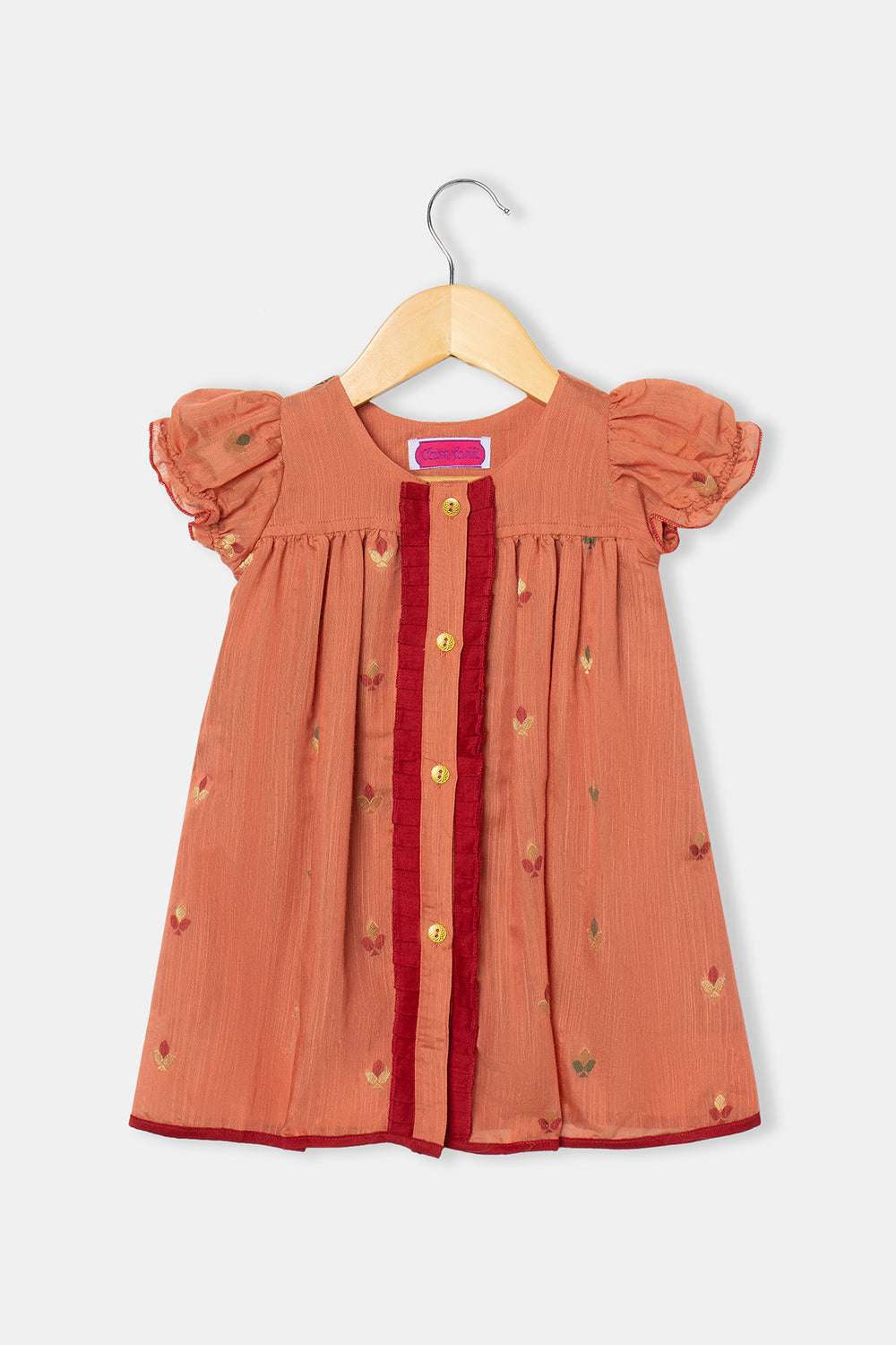 Chittythalli Girls Knee-Length Frock with Puff Sleeves and Pleated Front Detailing - Orange - FR32