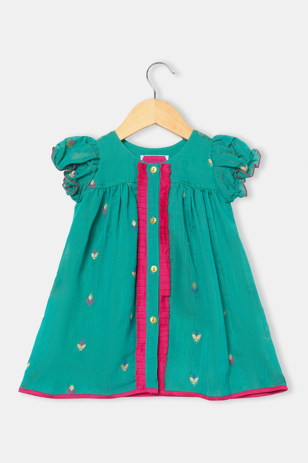 Chittythalli Girls Knee-Length Frock with Puff Sleeves and Pleated Front Detailing - Green - FR32