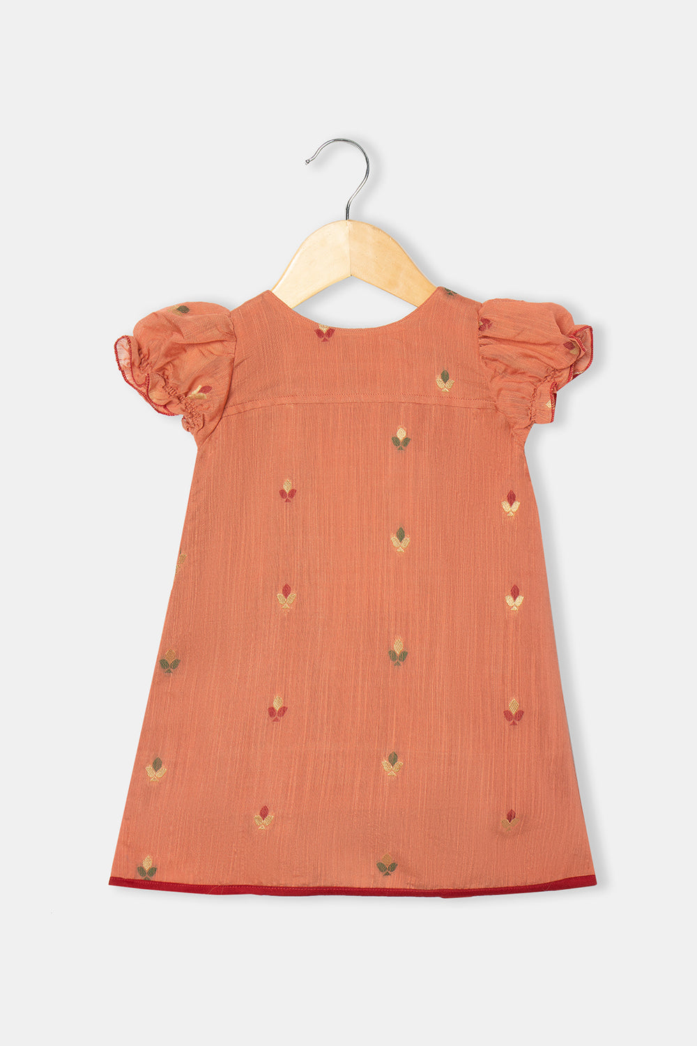 Chittythalli Girls Knee-Length Frock with Puff Sleeves and Pleated Front Detailing - Orange - FR32