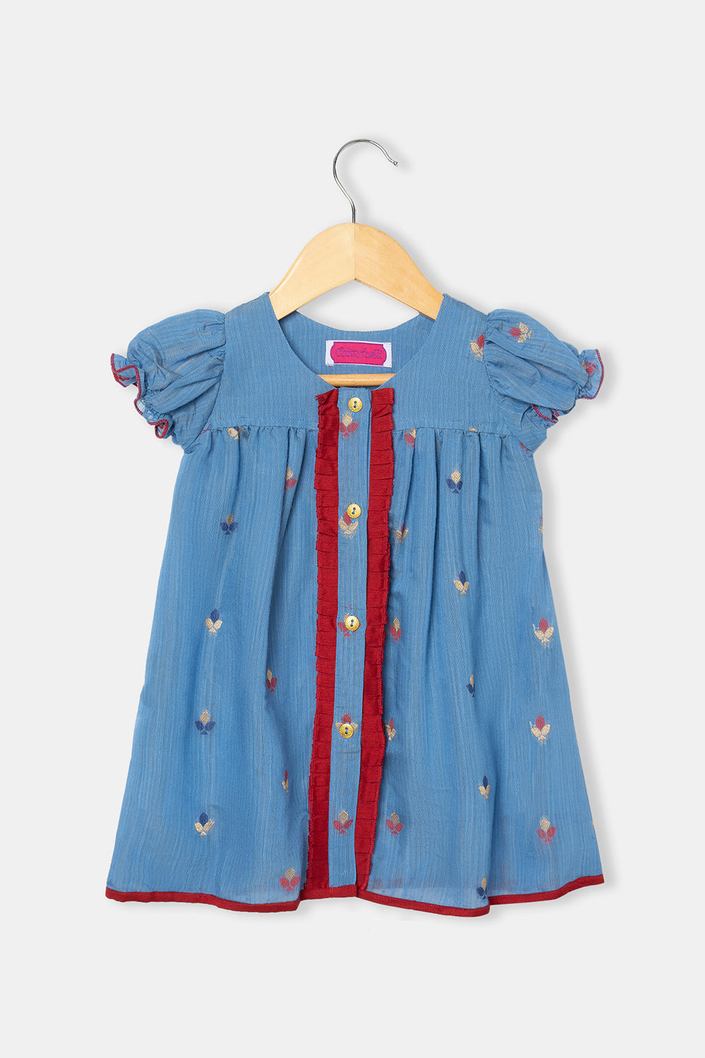 Chittythalli Girls Knee-Length Frock with Puff Sleeves and Pleated Front Detailing - Blue - FR32