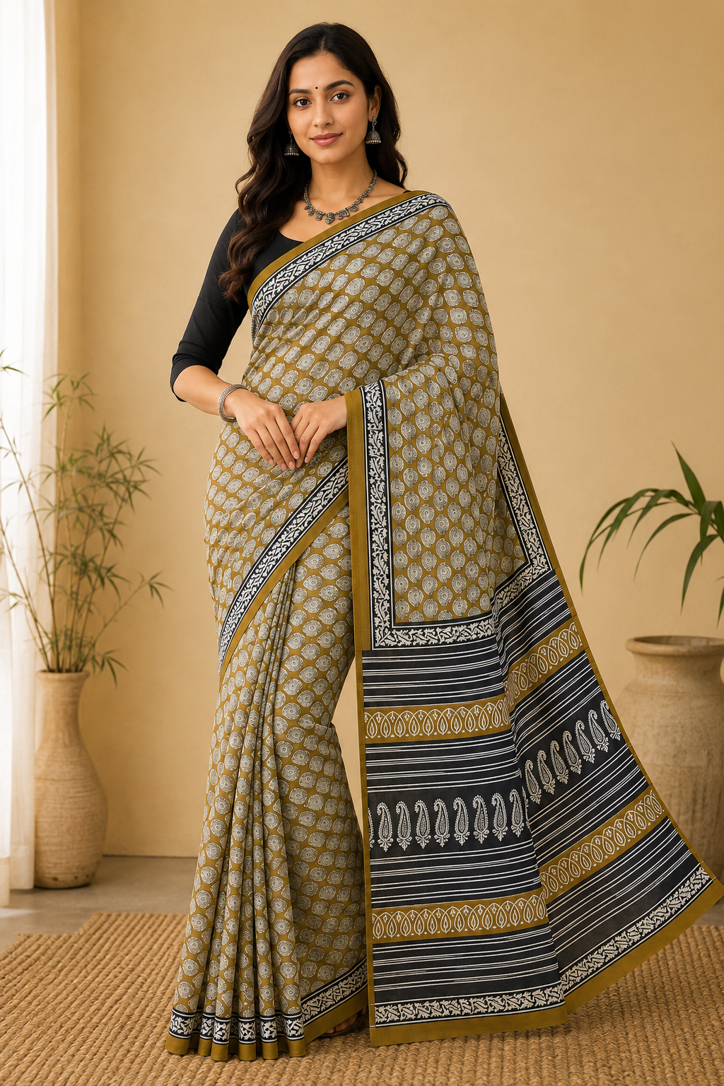 Women's Pure Cotton Jaipur Print Saree with Blouse | Soft Cotton Printed Saree for Women | Traditional, Casual & Festive Ethnic Wear - Mustard - JT28