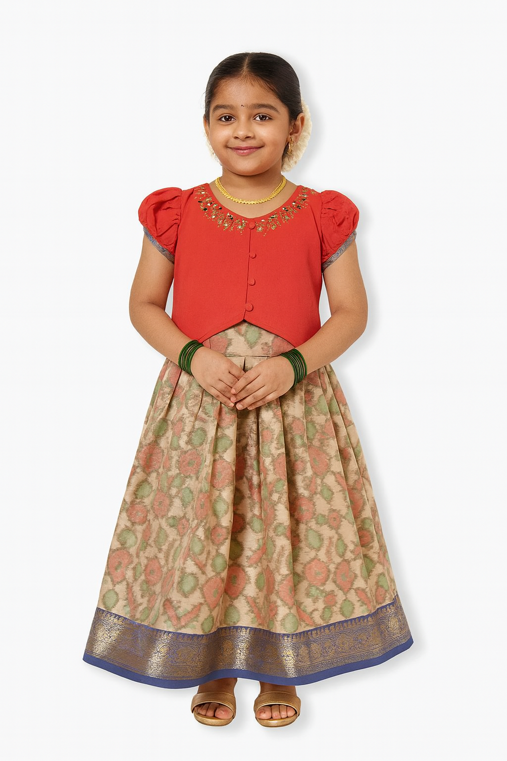Chittythalli Girls’ Pavadai Set – V-Neck Embroidered Top with Puff Sleeves & Box-Pleated Brocade Skirt - Red - PS38