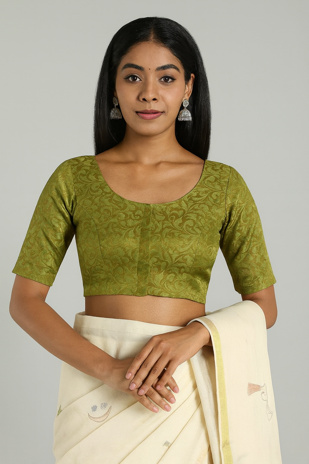 Naidu Hall V Neck Princess Cut Elbow Sleeve Back Open Brocade1 Saree Blouse - Olive - BU12