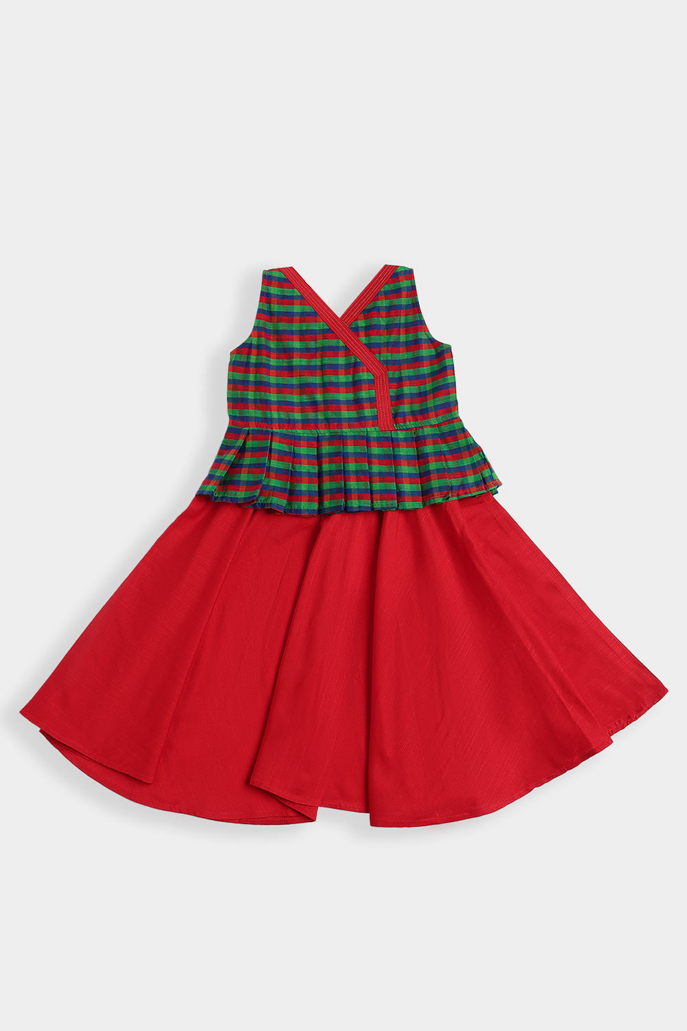 Chittythalli Girls Cotton Slub Frock – Checked Peplum Ethnic Dress with Angrakha Style & Circular Skirt | Toddler Traditional Wear - FR53