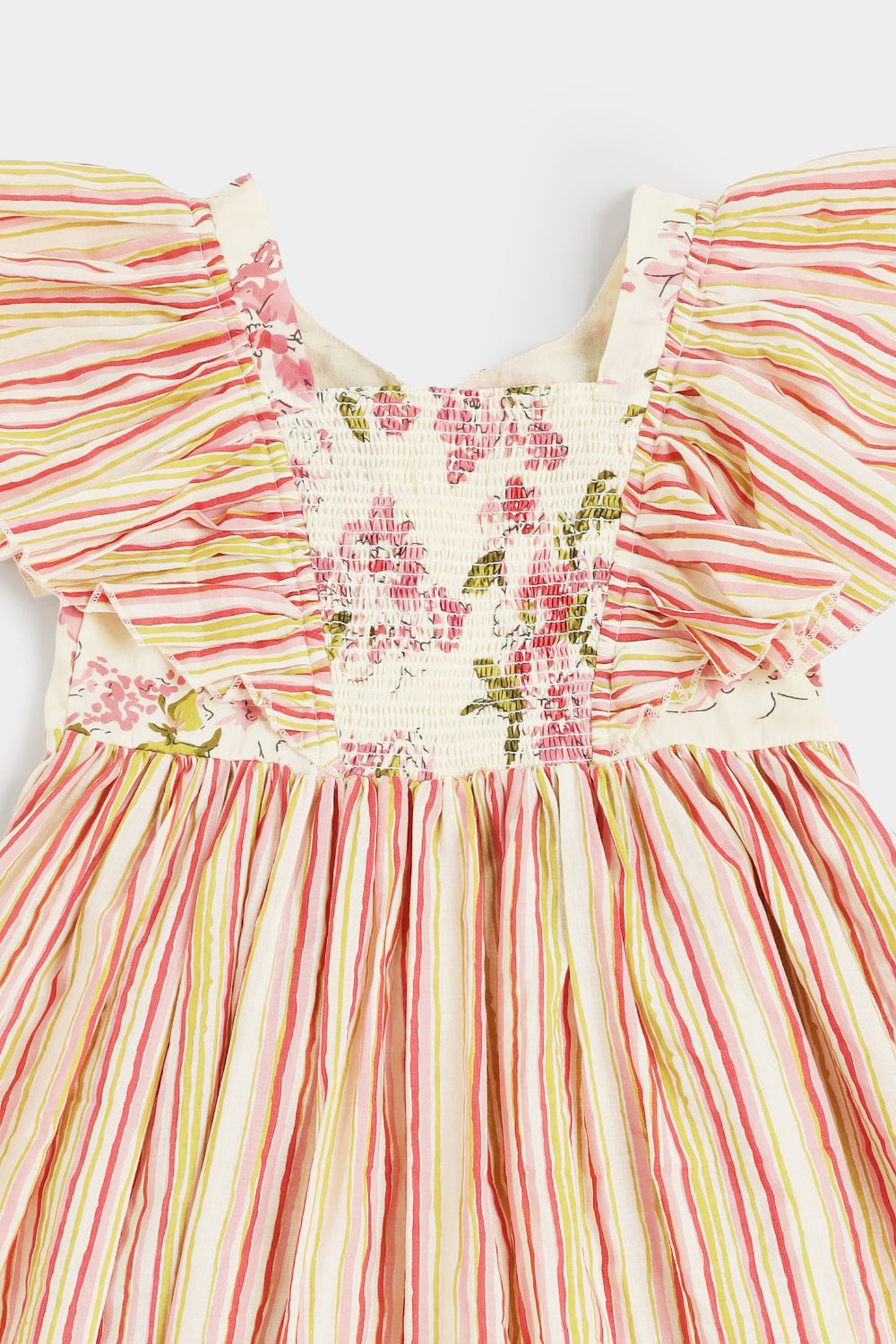 Chittythalli Girls Cotton Ethnic Frock | Jaipur Printed Summer Dress with Front & Sleeve Ruffle and Smocking Back - FR45