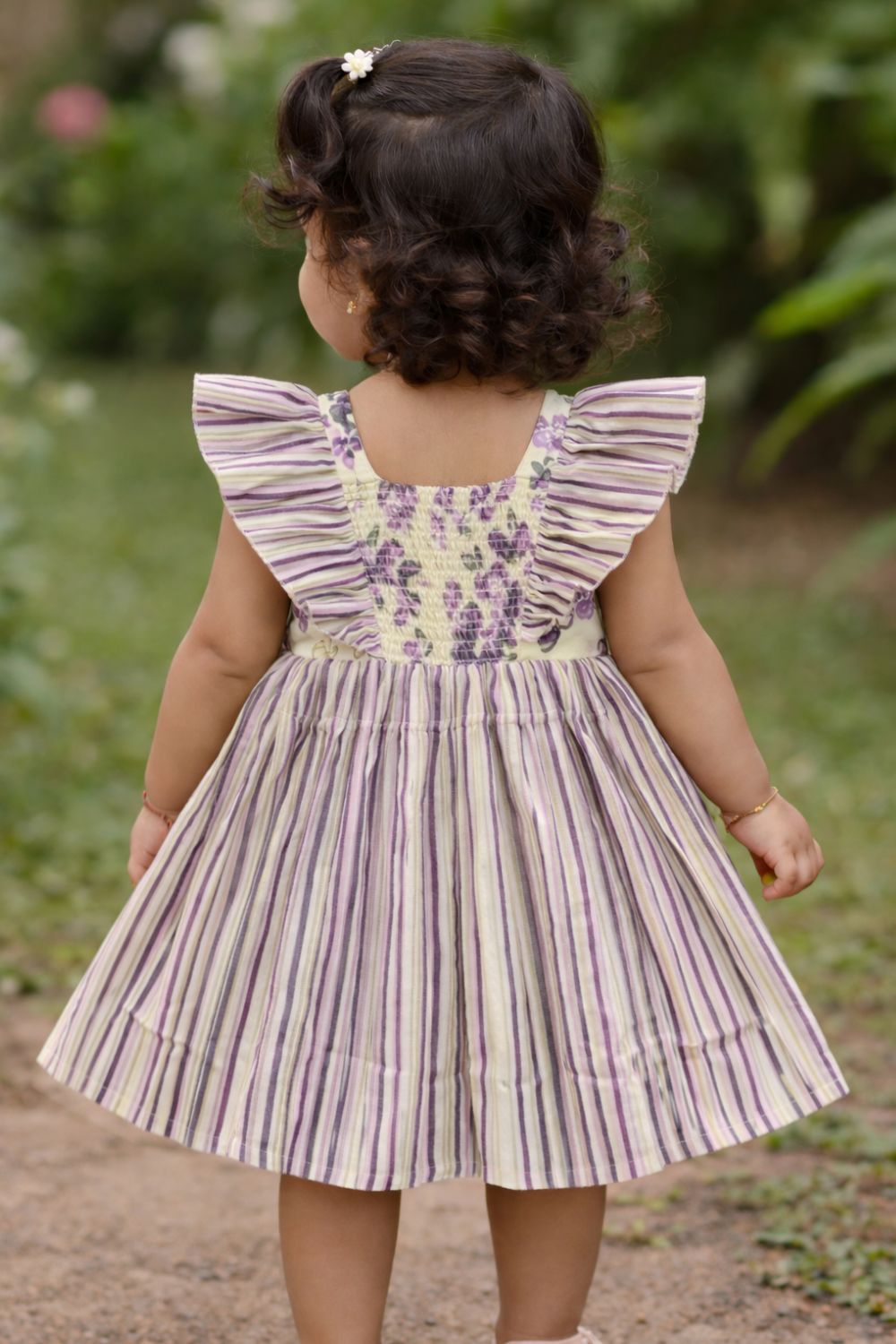 Chittythalli Girls Cotton Ethnic Frock | Jaipur Printed Summer Dress with Front & Sleeve Ruffle and Smocking Back - FR45