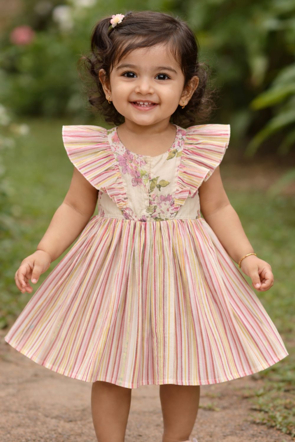 Chittythalli Girls Cotton Ethnic Frock | Jaipur Printed Summer Dress with Front & Sleeve Ruffle and Smocking Back - FR45