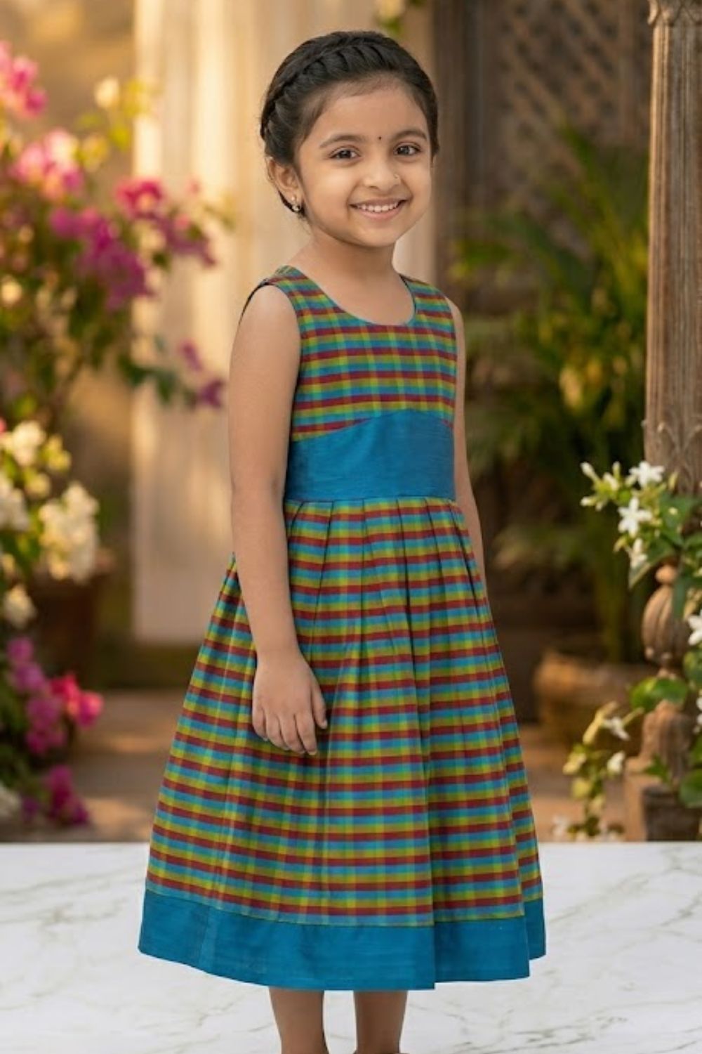 Chittythalli Girls Cotton Slub Mini Checked Layered Frock – Traditional Ethnic Wear Dress for Toddlers | Regular Fit | Circular Neck | Back Button Opening | Summer Casual Dress - FR52