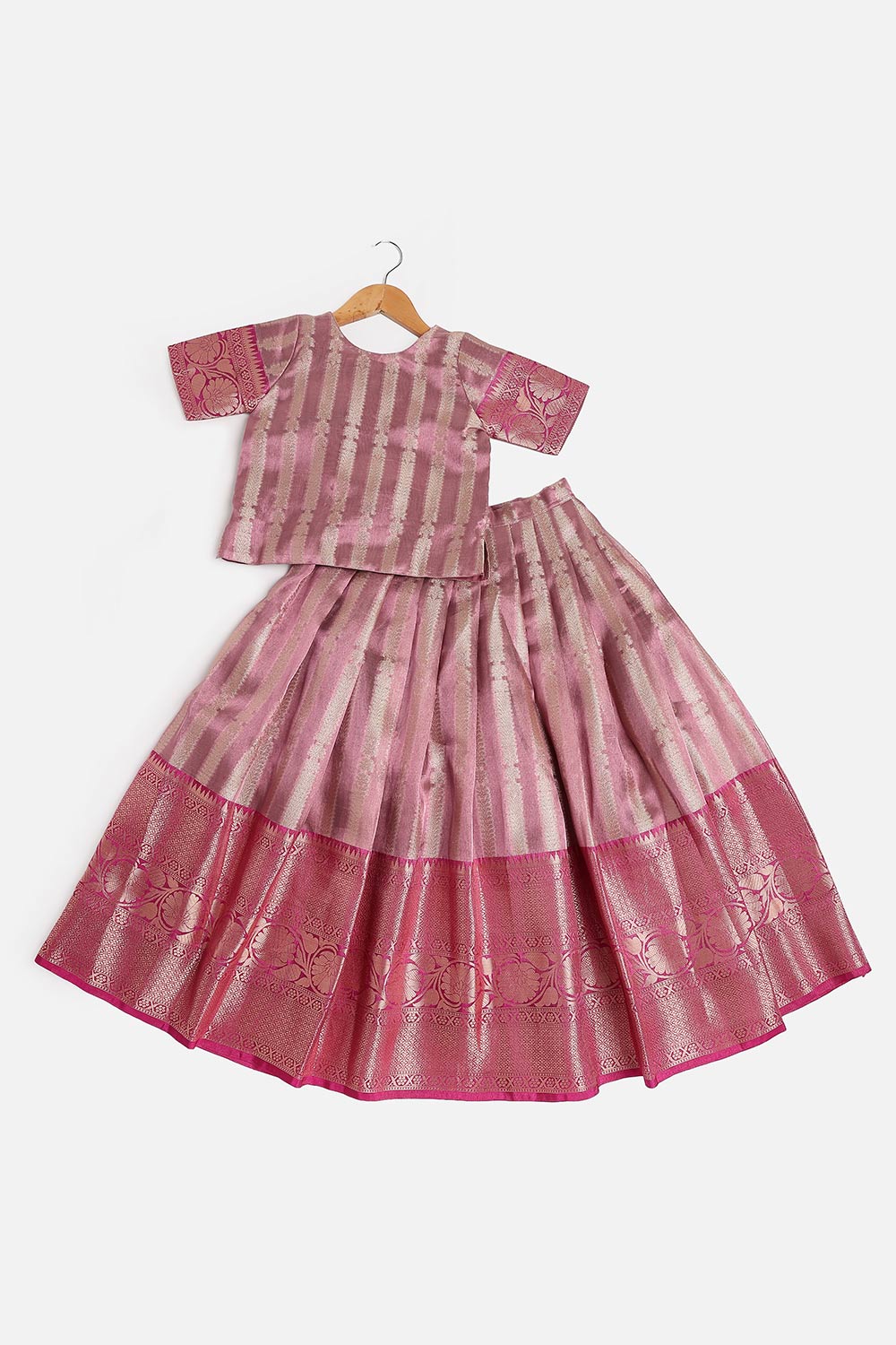 Chittythalli Girls’ Festive Pavadai Set | Layered Blouse, Embroidered Tank Top & Knife-Pleated Skirt - PS94