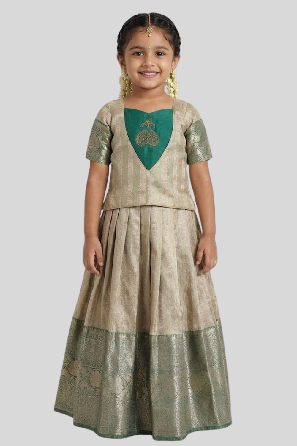 Chittythalli Girls’ Festive Pavadai Set | Layered Blouse, Embroidered Tank Top & Knife-Pleated Skirt - PS94