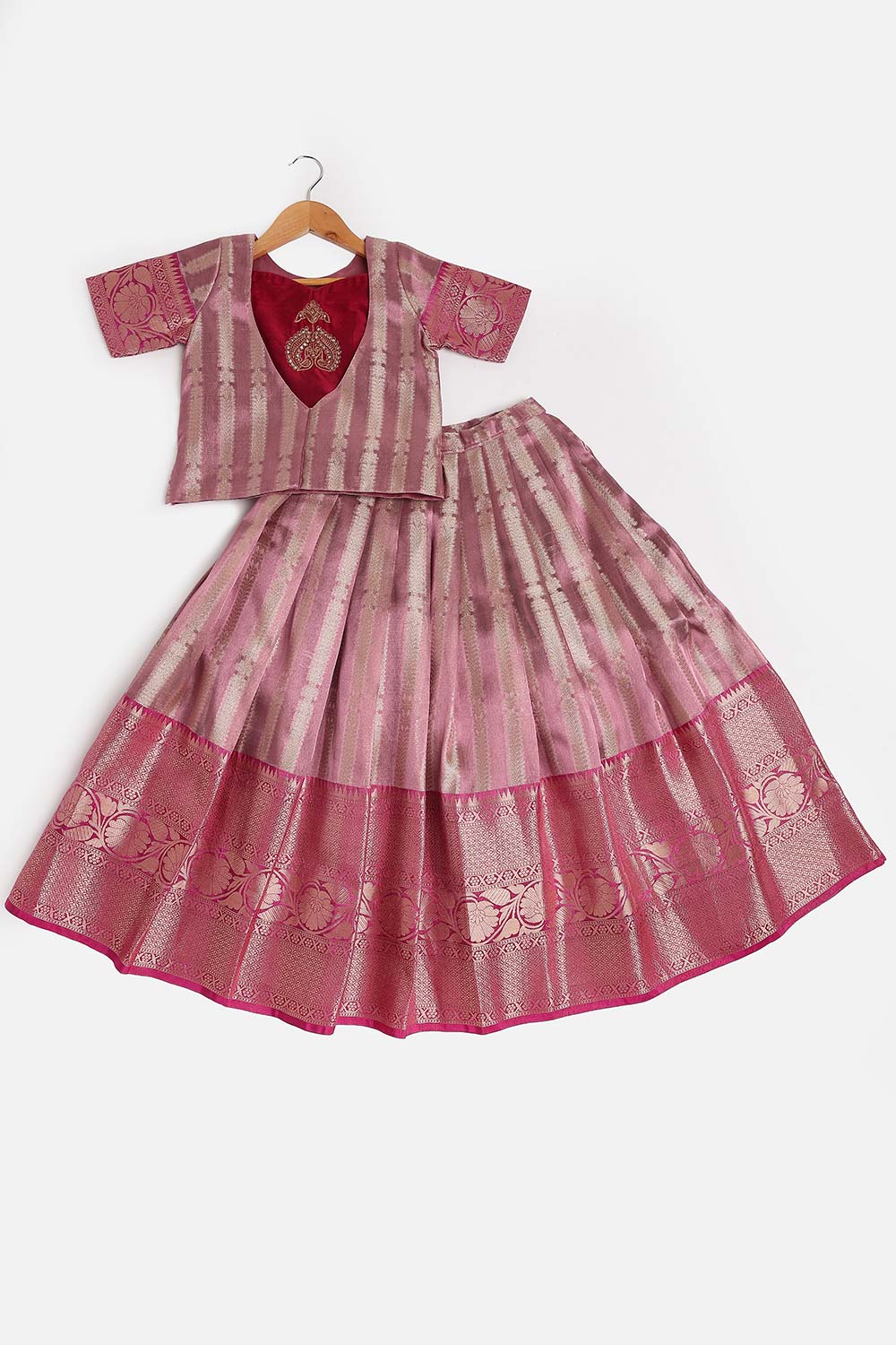 Chittythalli Girls’ Festive Pavadai Set | Layered Blouse, Embroidered Tank Top & Knife-Pleated Skirt - PS94