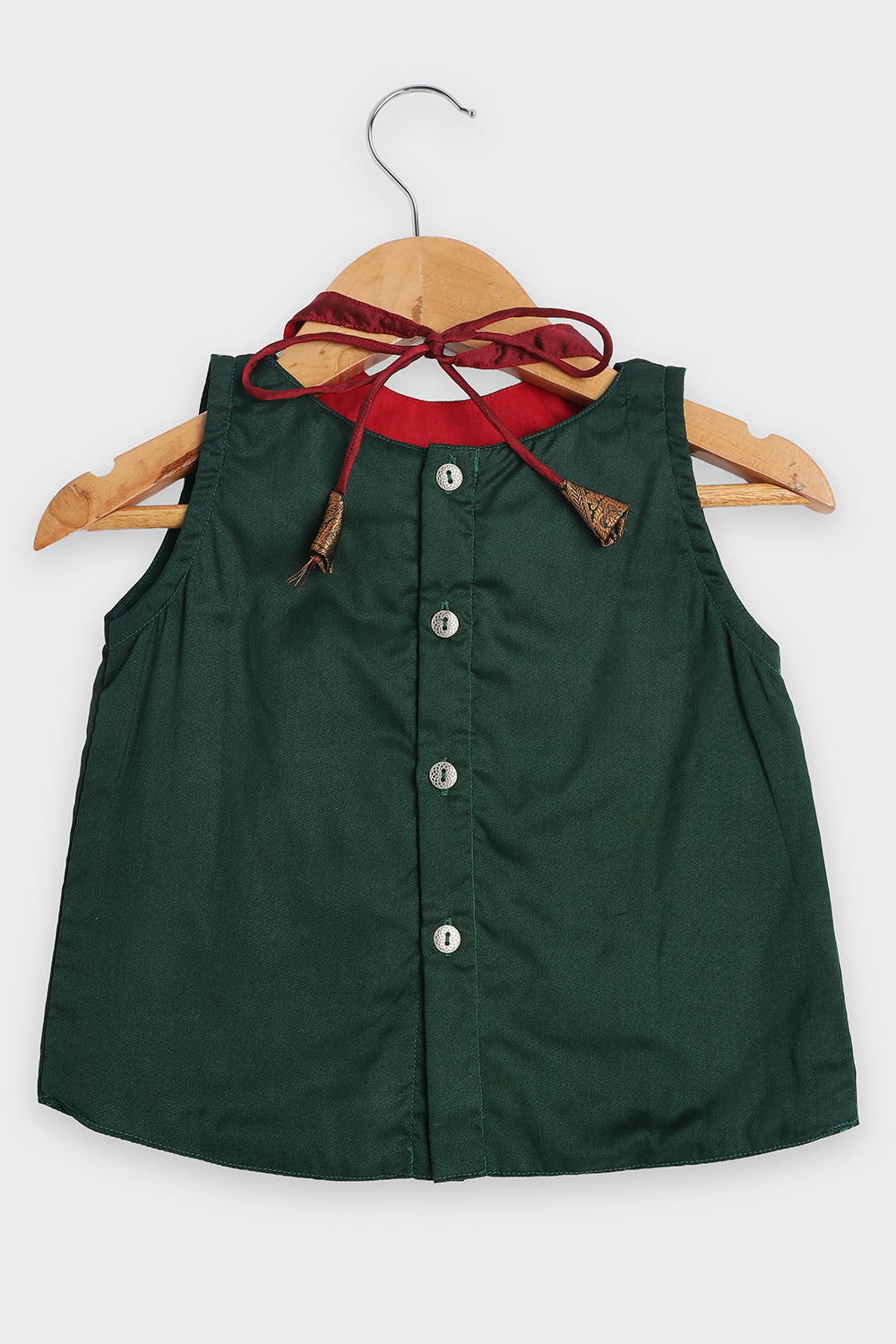 Chittythalli Girls Traditional Pavadai Set | Art Silk Green Sleeveless Top with Red Neck Tie Panel | Minimal Embroidery Hemline | Maroon Knife Pleated Skirt | Woven Ethnic Wear for Girls - PS008