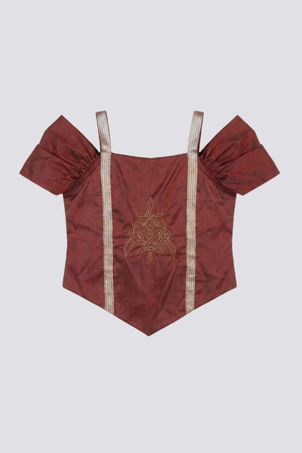 Chittythalli Girls Traditional Pavadai Set | Art Silk V-Cut Maroon Top with Gathered Cold Shoulder Sleeves & Kolam Motif Embroidery | Green Knife Pleated Skirt | Back Open Gold Button | Woven Ethnic Wear for Girls - PS005