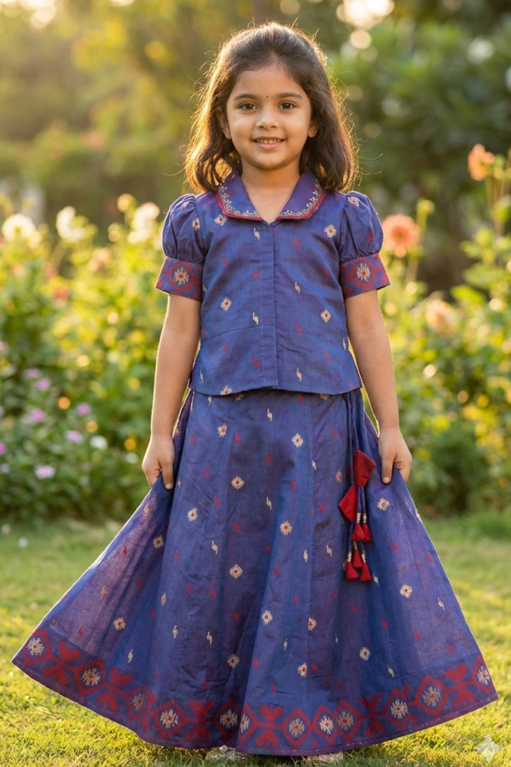 Chittythalli Girls Traditional Pavadai Set | Chanderi Collared Top with Minimal Embroidery & Contrast Piping | Chanderi Jamdhani Kali Skirt | Front Hook Open | Woven Ethnic Wear for Girls - PS97