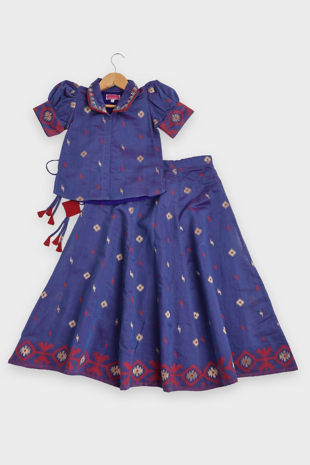 Chittythalli Girls Traditional Pavadai Set | Chanderi Collared Top with Minimal Embroidery & Contrast Piping | Chanderi Jamdhani Kali Skirt | Front Hook Open | Woven Ethnic Wear for Girls - PS97
