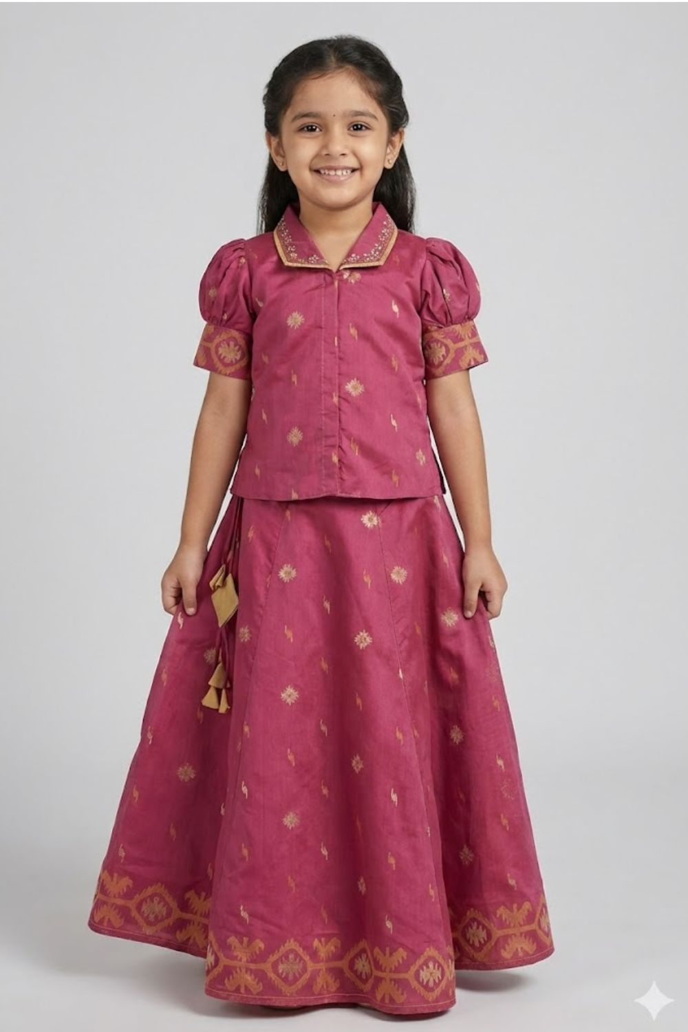 Chittythalli Girls Traditional Pavadai Set | Chanderi Collared Top with Minimal Embroidery & Contrast Piping | Chanderi Jamdhani Kali Skirt | Front Hook Open | Woven Ethnic Wear for Girls - PS97