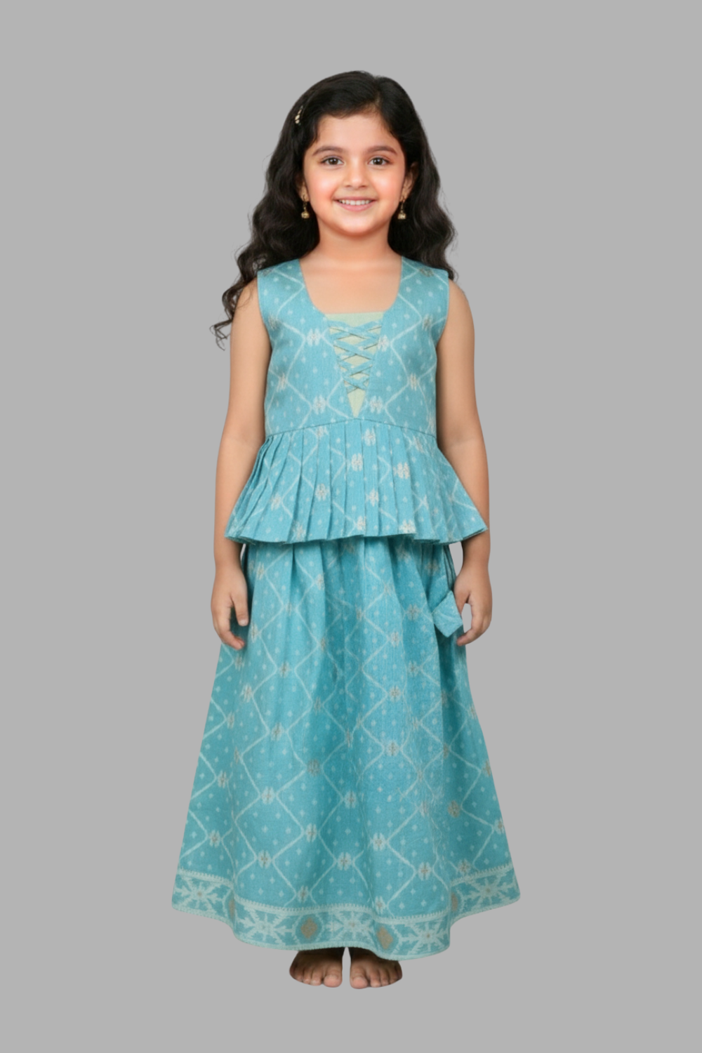 Chittythalli Girls’ Ethnic Pavadai Set – Chanderi Jamdani Peplum Top with Criss-Cross Cording & Kali Skirt | Traditional Festive Wear for Girls - PS91