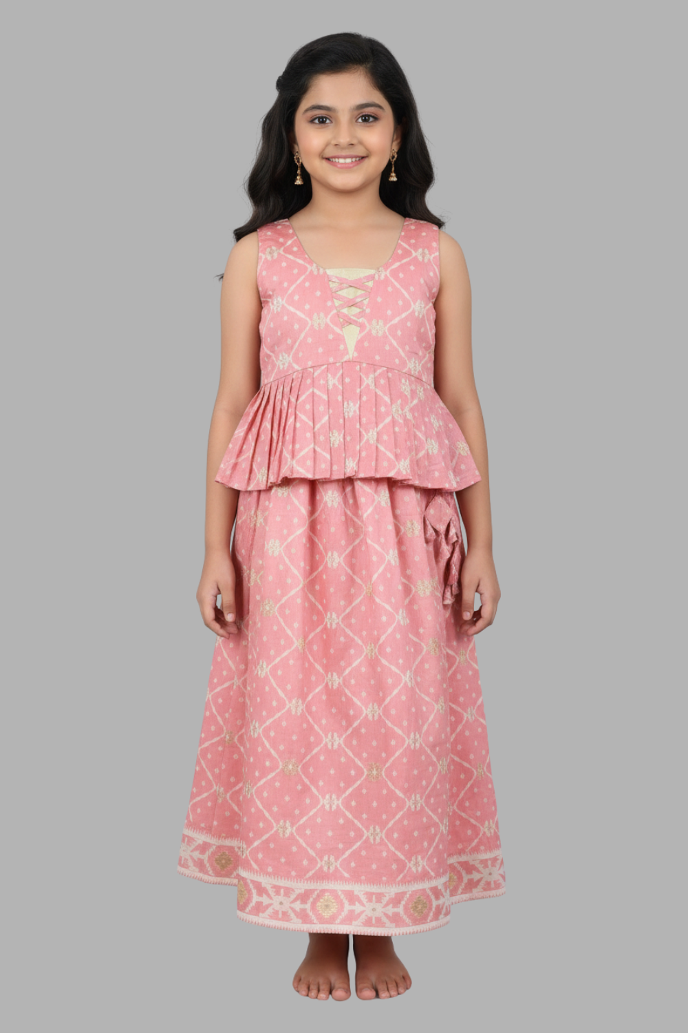 Chittythalli Girls’ Ethnic Pavadai Set – Chanderi Jamdani Peplum Top with Criss-Cross Cording & Kali Skirt | Traditional Festive Wear for Girls - PS91