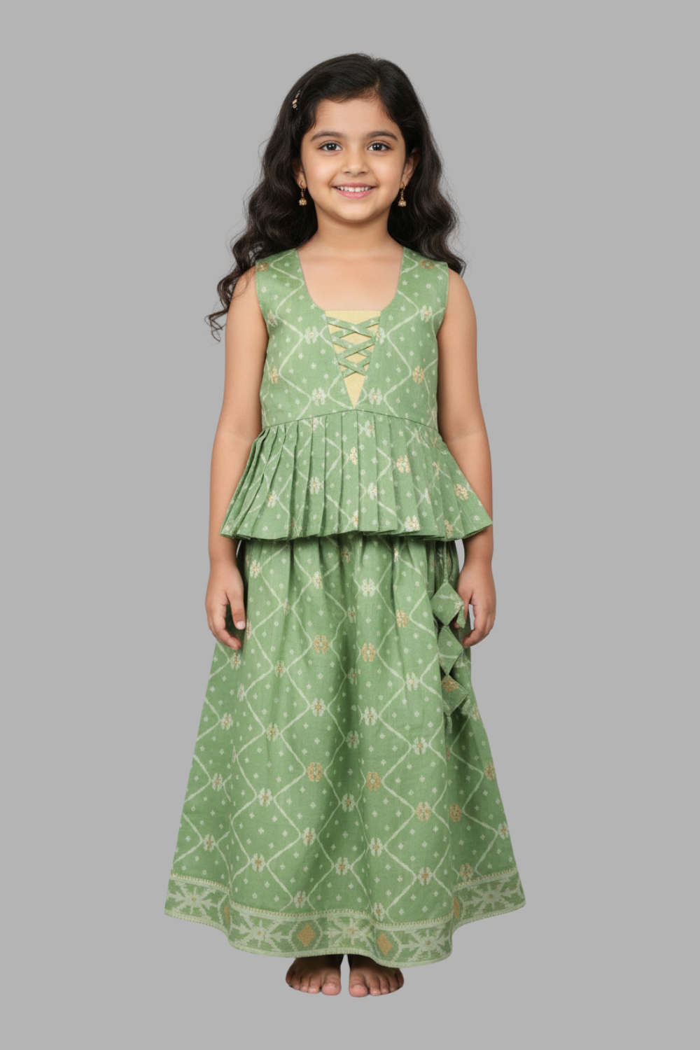 Chittythalli Girls’ Ethnic Pavadai Set – Chanderi Jamdani Peplum Top with Criss-Cross Cording & Kali Skirt | Traditional Festive Wear for Girls - PS91