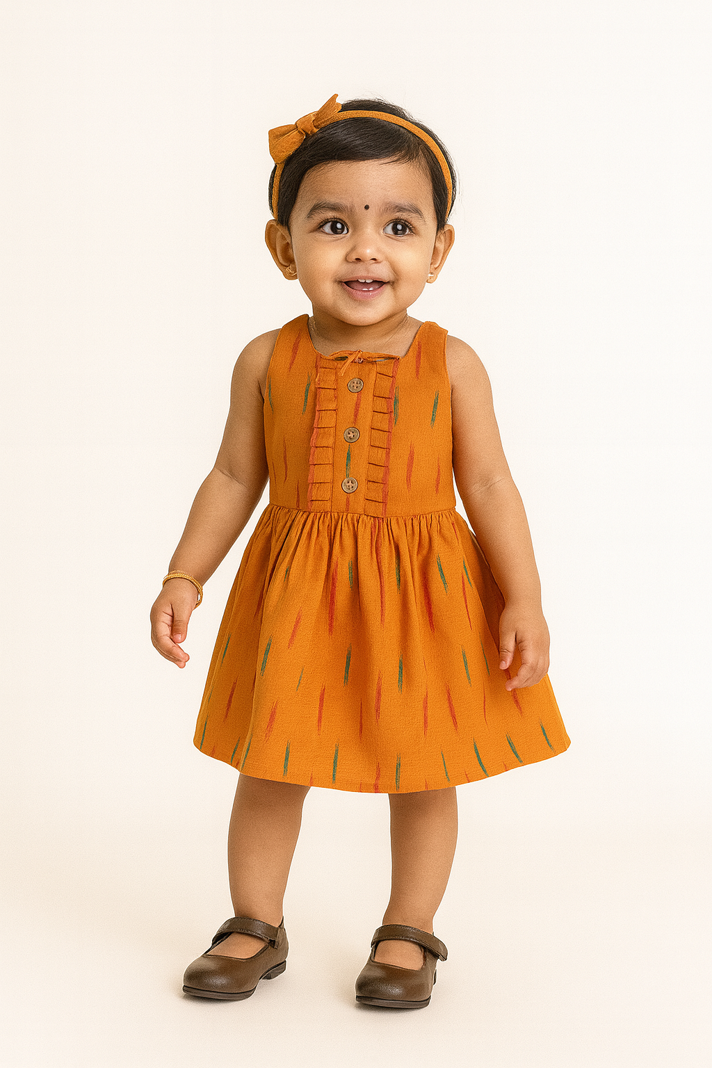 Chittythalli Cotton Handloom Ikat Halter Neck Girls Toddler Frock with Back Tie-Up - Yellow - FR27