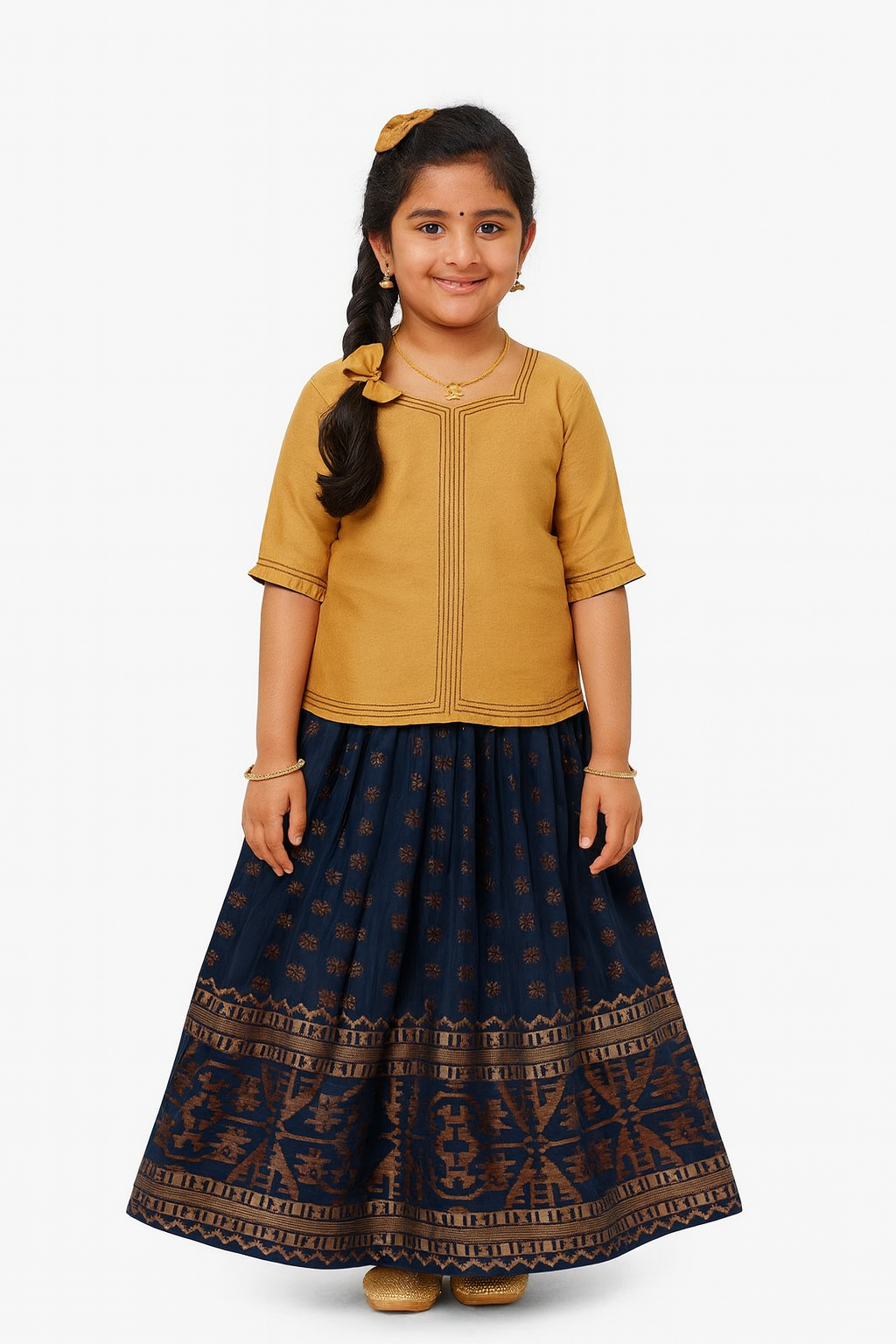 Chittythalli Girl's Pavadai Set – Sweetheart Neck Top with Ruffle Sleeves & Knife-Pleated Skirt - Blue  - PS75