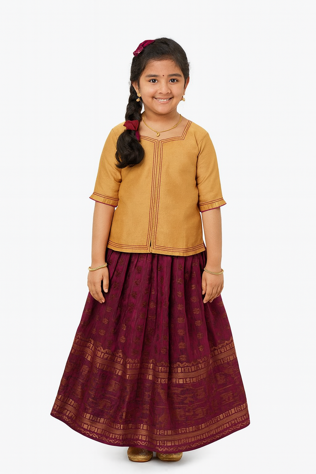 Chittythalli Girl's Pavadai Set – Sweetheart Neck Top with Ruffle Sleeves & Knife-Pleated Skirt - Purple - PS75