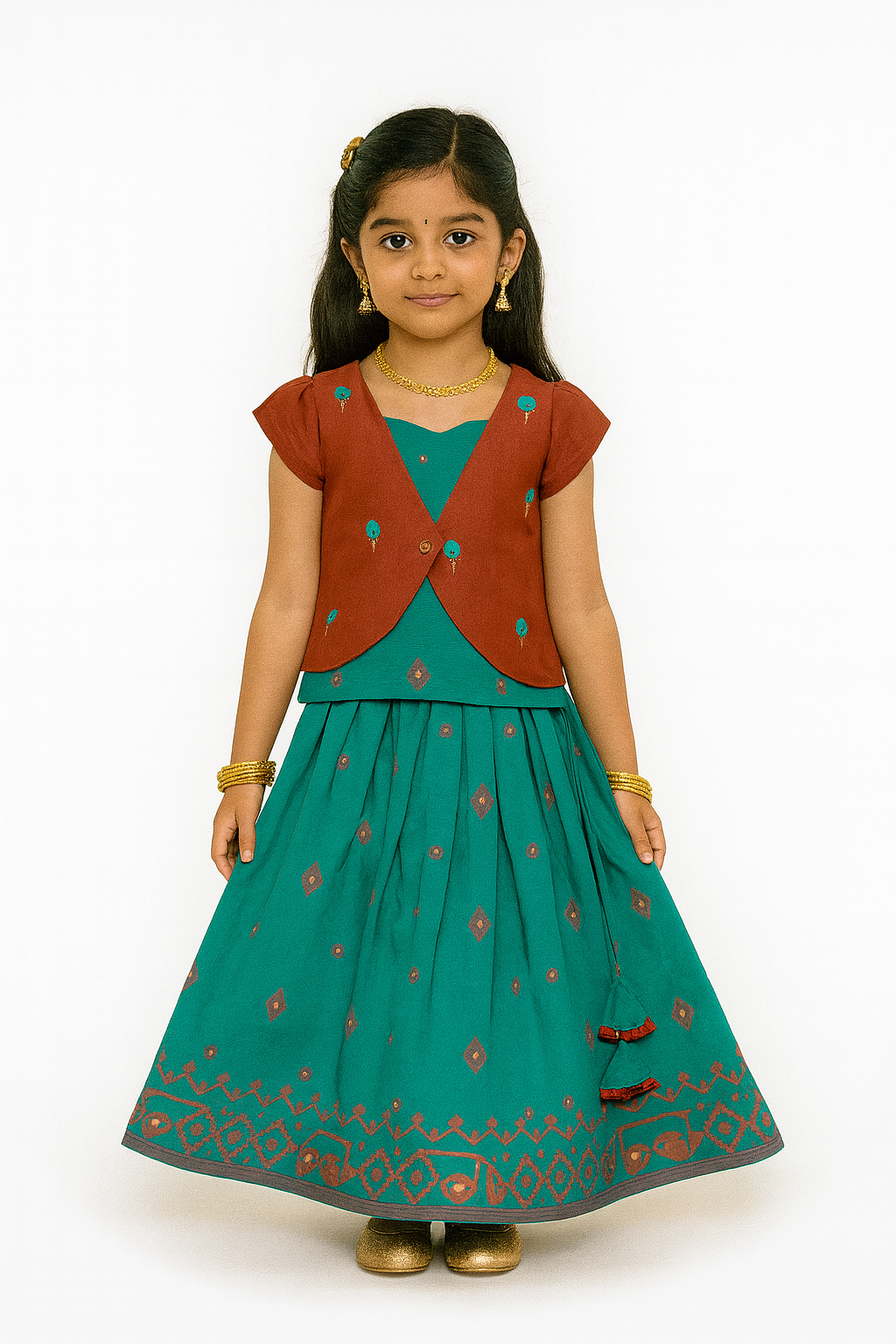 Chittythalli Girls 3-Piece Pavadai Set Spaghetti Strap Inner Box Pleat Skirt Embroidered Overcoat - Orange - PS74