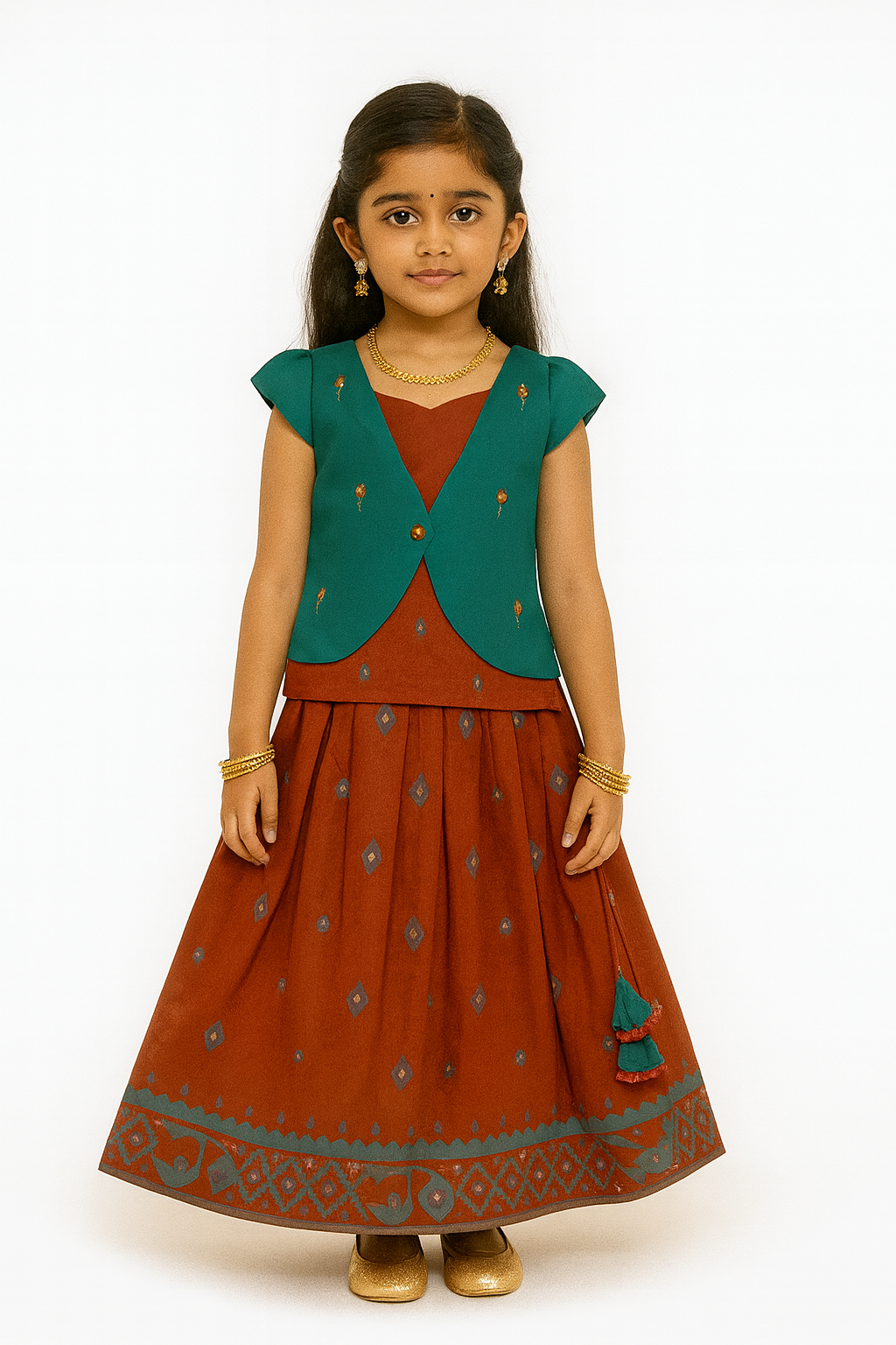 Chittythalli Girls 3-Piece Pavadai Set Spaghetti Strap Inner Box Pleat Skirt Embroidered Overcoat - Teal Green - PS74